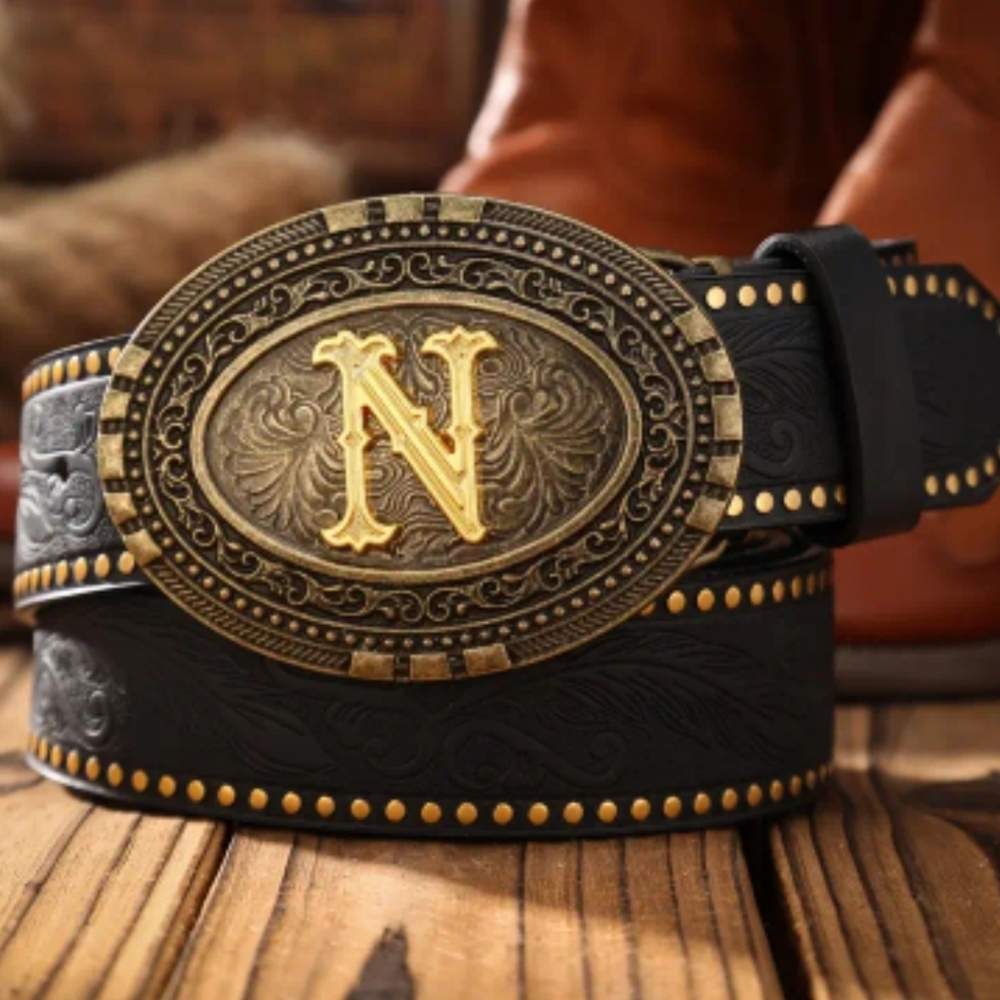 Western Tooled Belt w/ Gold Monogram Buckle | Cowboy Several Letters Available - Picture 13 of 16